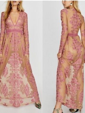 Floral Embroidered Long-Sleeve Maxi Dress in Dusty Pink